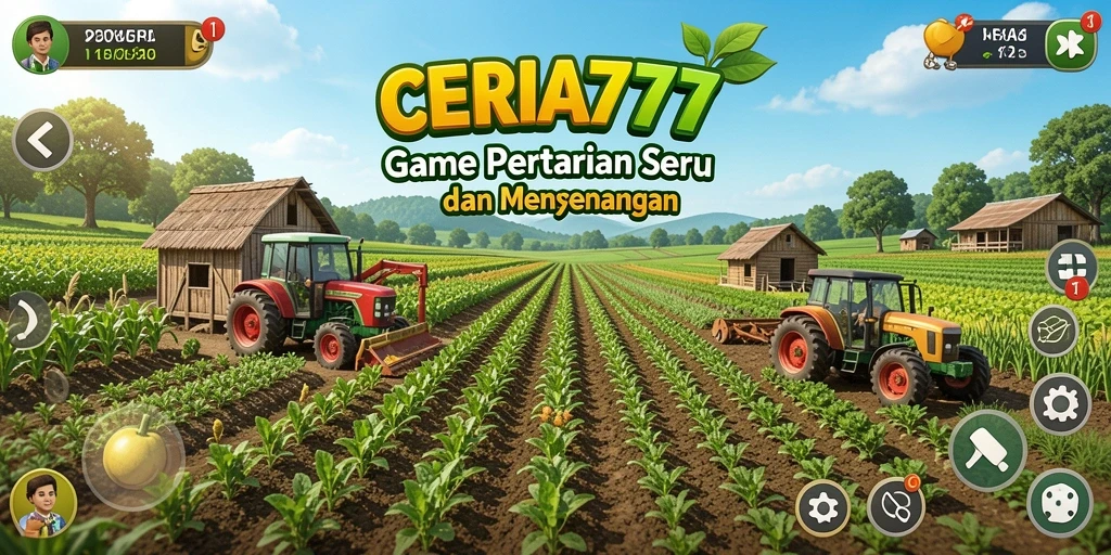 Tangkapan layar gameplay CERIA777 menampilkan kebun yang subur dan hewan peliharaan.