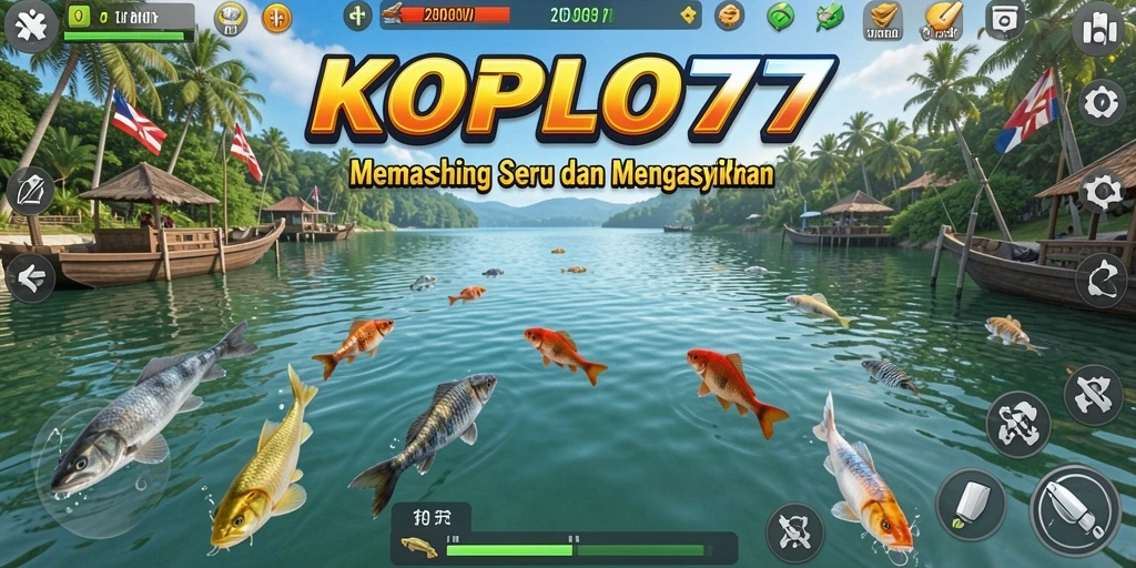 Tampilan gameplay KOPLO77 yang menampilkan serunya memancing di berbagai lokasi.
