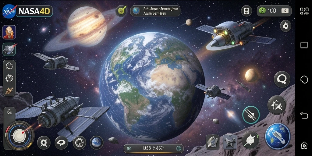 Screenshot NASA4D menampilkan pemain menjelajahi planet asing yang indah.