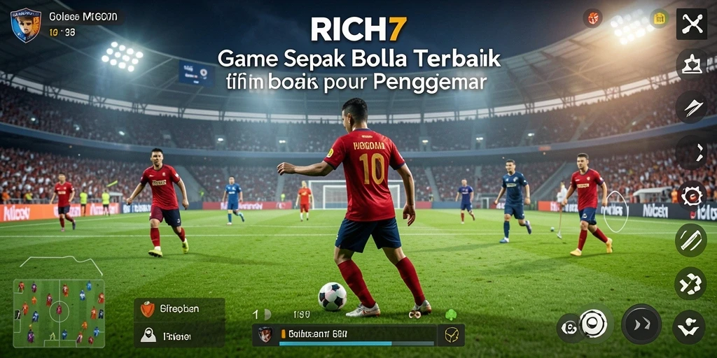 Screenshot utama RICH7 menampilkan aksi seru di lapangan sepak bola.