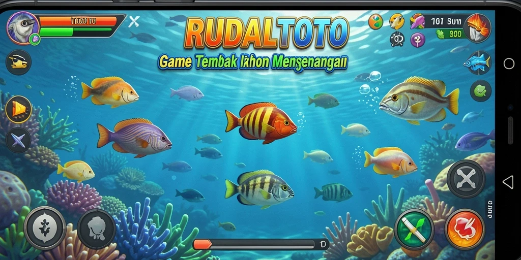 Tangkapan layar utama RUDALTOTO menampilkan aksi menembak ikan yang seru.
